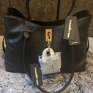 Karl Lagerfeld Black Leather Tote with Gold-Tone Accent With Added Charm & Dusty